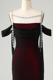 Black Red Mermaid Off the Shoulder Beaded Bridesmaid Dress with Slit