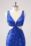 Royal Blue Bodycon Cut Out Short Prom Dress with Beading