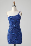 Sparkly Bodycon Royal Blue One Shoulder Sequins Prom Dress with Embroidery