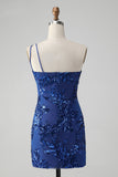 Sparkly Bodycon Royal Blue One Shoulder Sequins Prom Dress with Embroidery