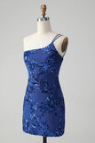 Sparkly Bodycon Royal Blue One Shoulder Sequins Prom Dress with Embroidery