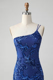 Sparkly Bodycon Royal Blue One Shoulder Sequins Prom Dress with Embroidery