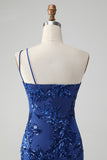 Sparkly Bodycon Royal Blue One Shoulder Sequins Prom Dress with Embroidery