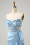 Sparkly Blue Bodycon Sweetheart Corset Prom Dress with Beading