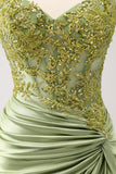 Sparkly Army Green Lace-Up Back Appliques Pleated Prom Dress