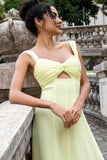 Lemon Yellow Twist Front Keyhole A Line Bridesmaid Dress