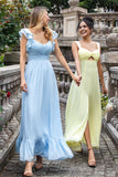 Sky Blue A Line Pleated Chiffon Wedding Guest Dress with Slit