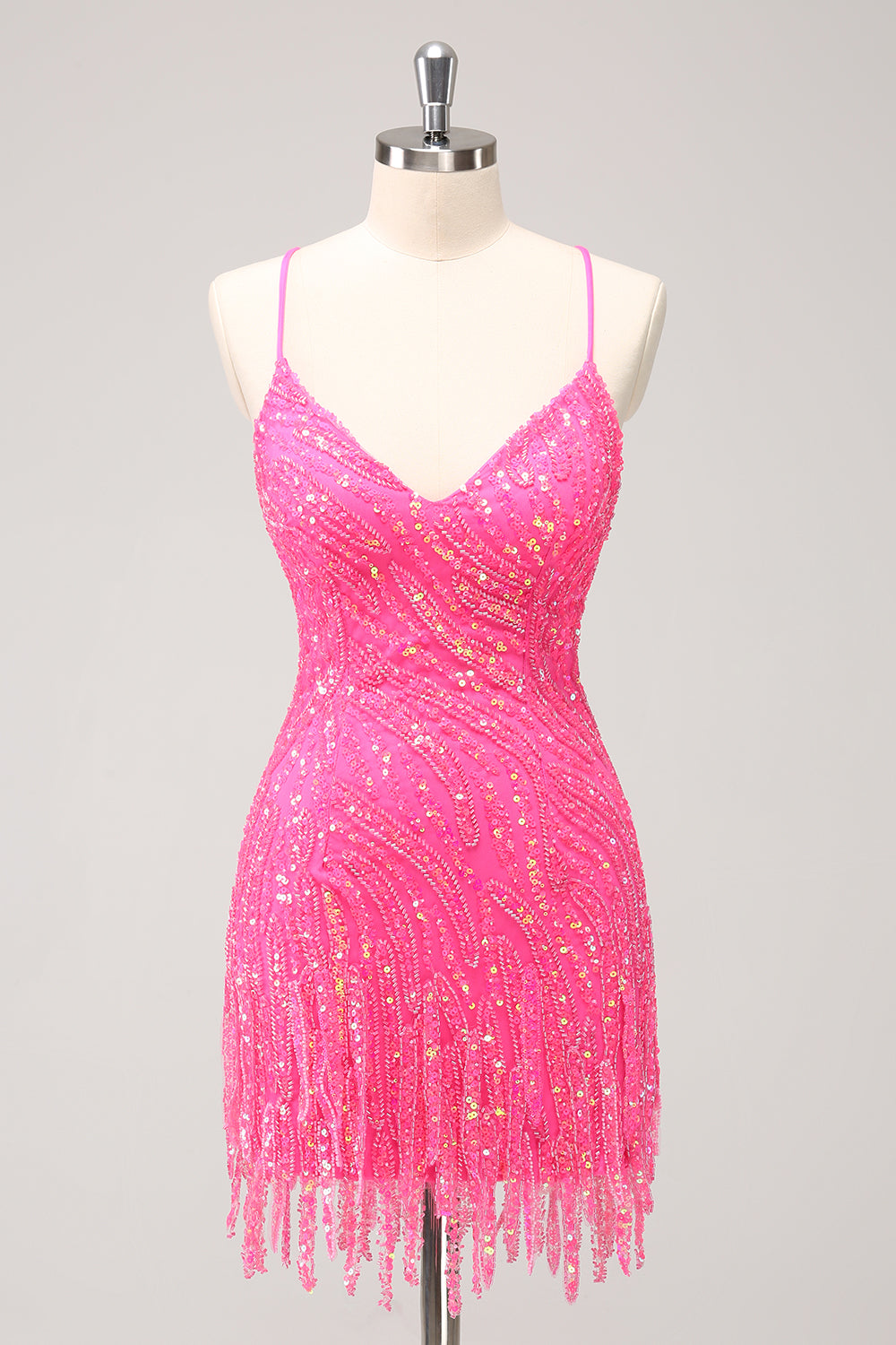 Sexy Hot Pink Sequins Bodycon Short Prom Dress with Tassel