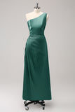Blue One Shoulder Satin Keyhole Pleated A-Line Bridsmaid Dress