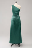 Blue One Shoulder Satin Keyhole Pleated A-Line Bridsmaid Dress