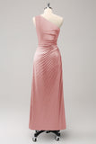 Blue One Shoulder Satin Keyhole Pleated A-Line Bridsmaid Dress