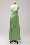 Blue One Shoulder Satin Keyhole Pleated A-Line Bridsmaid Dress