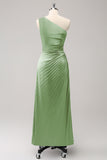 Blue One Shoulder Satin Keyhole Pleated A-Line Bridsmaid Dress