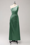 Blue One Shoulder Satin Keyhole Pleated A-Line Bridsmaid Dress