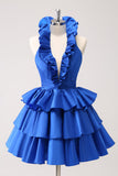 Royal Blue A-Line Halter Tiered Short Prom Dress with Ruffles
