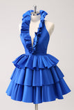Royal Blue A-Line Halter Tiered Short Prom Dress with Ruffles