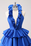 Royal Blue A-Line Halter Tiered Short Prom Dress with Ruffles