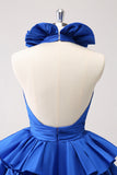 Royal Blue A-Line Halter Tiered Short Prom Dress with Ruffles