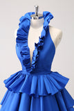 Royal Blue A-Line Halter Tiered Short Prom Dress with Ruffles