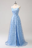 Sparkly Blue Spaghetti Straps Sequins Lace Up Back Prom Dress with Slit