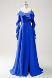 Royal Blue A-Line Spaghetti Straps Chiffon Long Bridesmaid Dress with Ruffles