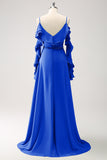 Royal Blue A-Line Spaghetti Straps Chiffon Long Bridesmaid Dress with Ruffles