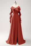 Royal Blue A-Line Spaghetti Straps Chiffon Long Bridesmaid Dress with Ruffles