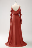 Royal Blue A-Line Spaghetti Straps Chiffon Long Bridesmaid Dress with Ruffles