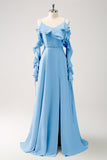 Royal Blue A-Line Spaghetti Straps Chiffon Long Bridesmaid Dress with Ruffles