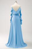 Royal Blue A-Line Spaghetti Straps Chiffon Long Bridesmaid Dress with Ruffles