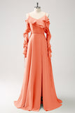 Royal Blue A-Line Spaghetti Straps Chiffon Long Bridesmaid Dress with Ruffles