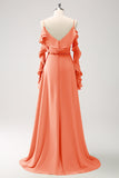 Royal Blue A-Line Spaghetti Straps Chiffon Long Bridesmaid Dress with Ruffles