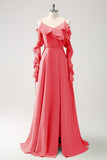 Royal Blue A-Line Spaghetti Straps Chiffon Long Bridesmaid Dress with Ruffles