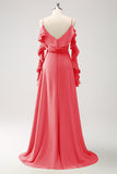 Royal Blue A-Line Spaghetti Straps Chiffon Long Bridesmaid Dress with Ruffles