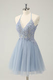 Sparkly Dusty Blue A Line Halter Prom Dress with Appliques