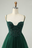 Glitter Dark Green A-Line Beaded Appliques Tulle Prom Dress