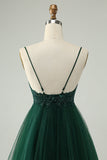Glitter Dark Green A-Line Beaded Appliques Tulle Prom Dress