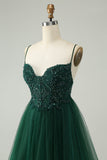 Glitter Dark Green A-Line Beaded Appliques Tulle Prom Dress
