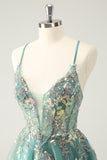 Grey Green A Line Glitter Sequins Prom Dress with Criss Cross Back