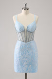 Royal Blue Spaghetti Straps Corset Tight Prom Dress with Criss Cross Back
