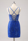 Royal Blue Spaghetti Straps Corset Tight Prom Dress with Criss Cross Back