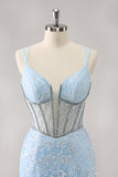 Royal Blue Spaghetti Straps Corset Tight Prom Dress with Criss Cross Back