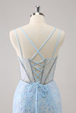 Royal Blue Spaghetti Straps Corset Tight Prom Dress with Criss Cross Back
