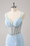 Royal Blue Spaghetti Straps Corset Tight Prom Dress with Criss Cross Back