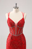 Royal Blue Spaghetti Straps Corset Tight Prom Dress with Criss Cross Back