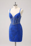 Royal Blue Spaghetti Straps Corset Tight Prom Dress with Criss Cross Back