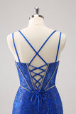 Royal Blue Spaghetti Straps Corset Tight Prom Dress with Criss Cross Back