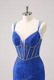 Royal Blue Spaghetti Straps Corset Tight Prom Dress with Criss Cross Back