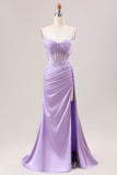 Sage Green Mermaid Sequin Corset Applique Prom Dress with High Slit