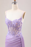 Sage Green Mermaid Sequin Corset Applique Prom Dress with High Slit